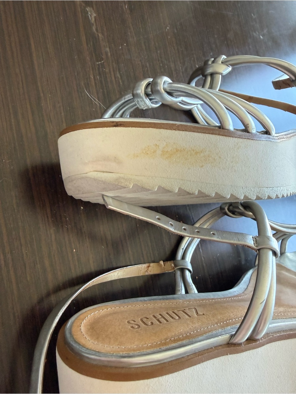 SCHUTZ Metallic Silver Knotted T-Strap Sandals - Picture 7 of 11